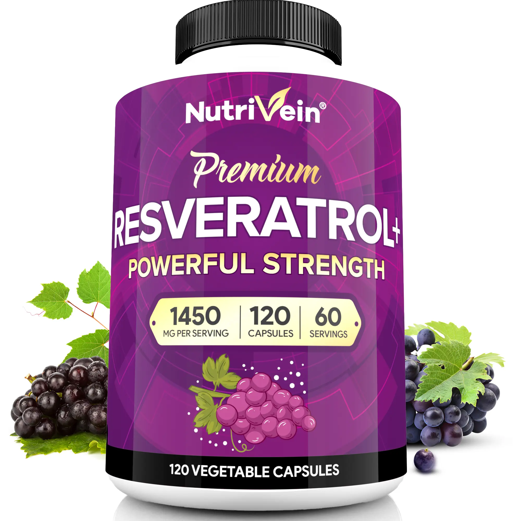 Nutrivein, Resveratrol Capsules, Natural Dietary Supplement, Antioxidant Formula for Healthy Aging & Immune Support, Fitness & Healthcare Support, 1450mg, 120 Capsules, 2 Capsules Daily