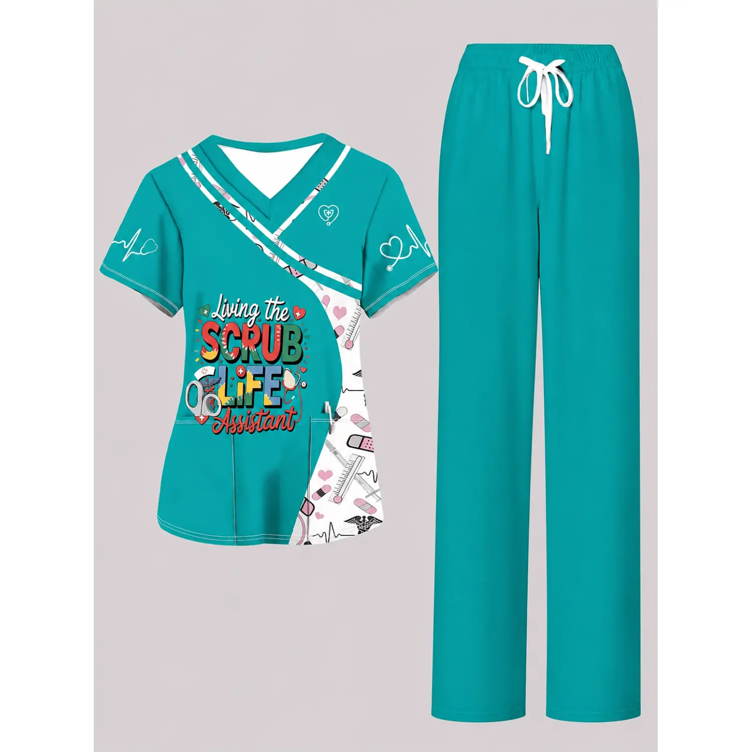 Teal Medical Scrub Set for Assistants Featuring Fun Medical Print Details & Comfortable Drawstring Waist Pants