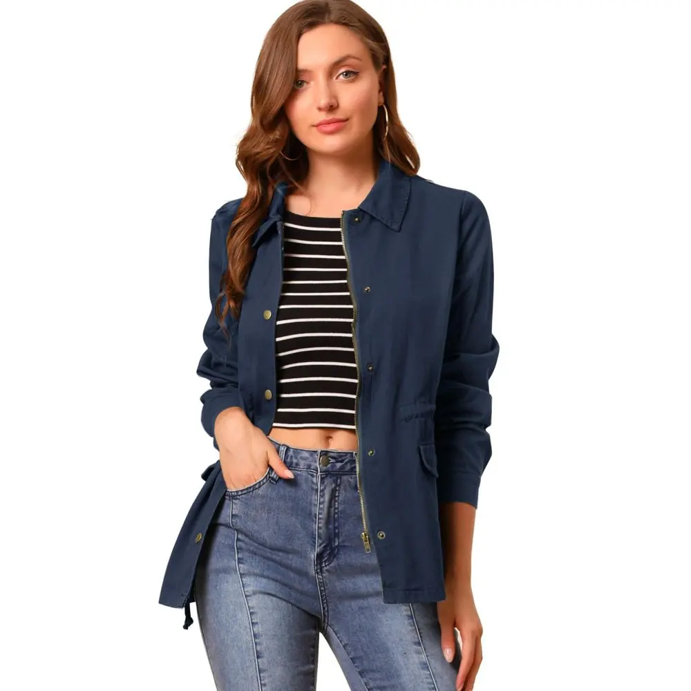 INSPIRE CHIC Women's Lightweight Utility Jacket - Drawstring Waist, Flap Pockets, Navy Blue, X-Large - Women's Tops, Coats, Breathable Fabric Garment, Ideal Layer for T-Shirt Pairing