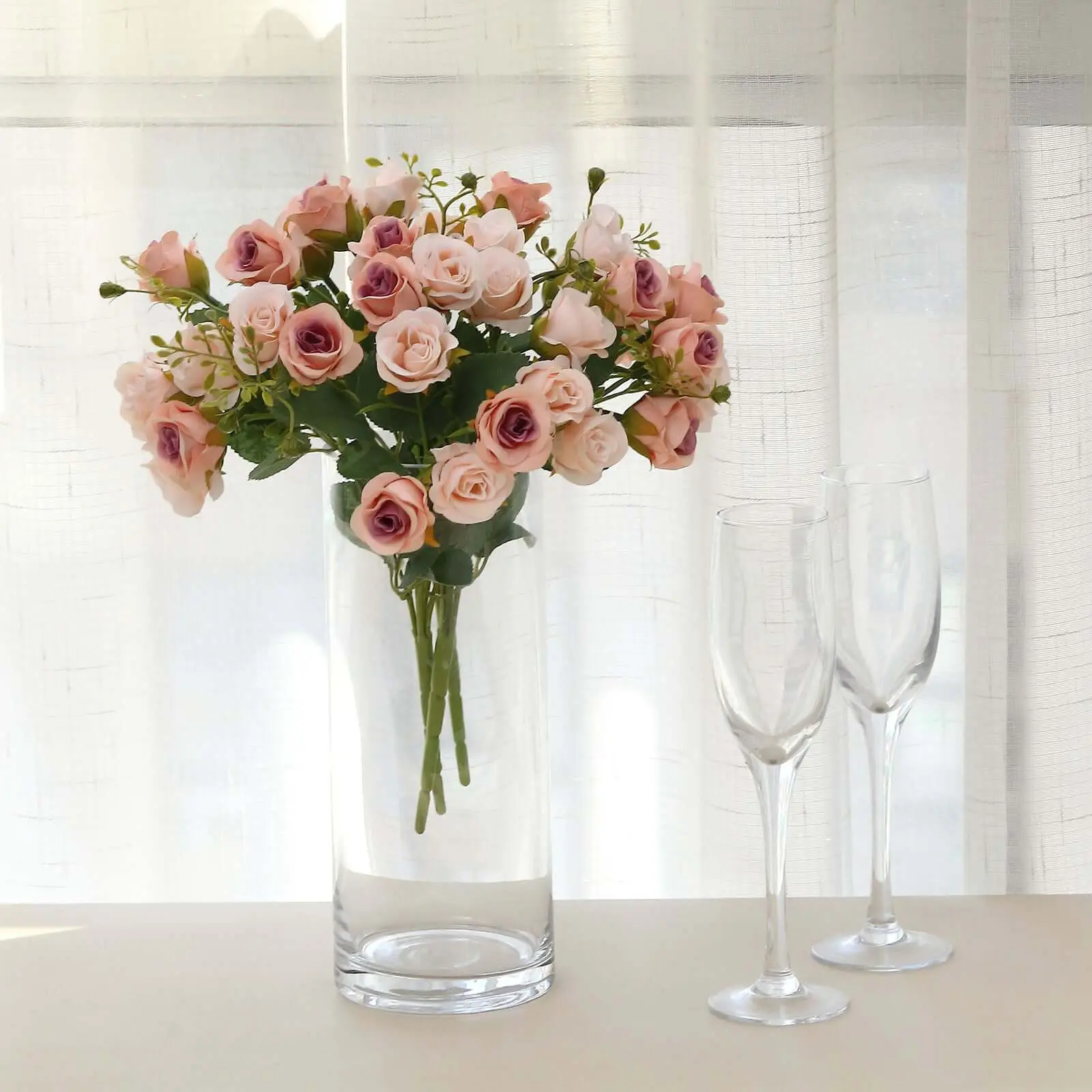 Blush Pink Artificial Open Rose Bouquets (2-Pack, 12in) - Small Faux Floral Arrangements, Christmas Decorations, Centerpieces for Home, Wedding, Valentine's Day, Cemetery Use