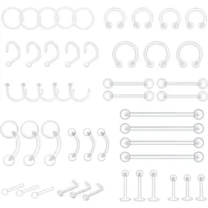 48pcs Clear Piercing Retainers Bioflex Nose Tongue Belly nipple rings Plastic Earings Eyebrow Cartilage Tragus Lip Septum Hoop Nose Stud Industrial Bar Piercing Jewelry For Surgery.