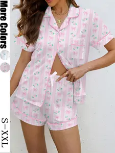 Women's Bow Print Floral Pajama Set, Casual Fitted Shirt & Elastic Shorts, Soft All-Season Sleepwear, Loungewear, Comfortable Home Clothes