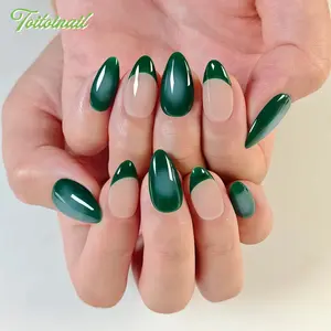 Emerald French Handmade Press-On Nails | Short Almond Shape, 10pcs Handmade | Spring Summer Trending Emerald Green French Tip | Clean Girl Aesthetic & Elegant Nails | High Gloss Mirror Finish | Reusable DIY Manicure Kit for Women Daily Wear