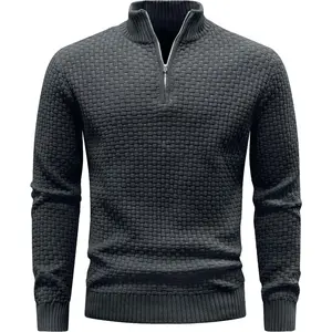 HypestFit Men's Quarter Zip Sweater Polo Zip Up Pullover Waffle Knit Mock Neck Turtleneck Long Sleeve Black Knitwear Casual Top
