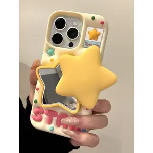 3D Star Mirror Stand Phone Case for iPhone 17 iPhone 17Pro Max 16 15 14 13 Silicone Protective Cover with MirrorStand Feature and Vibrant Yellow Star Design