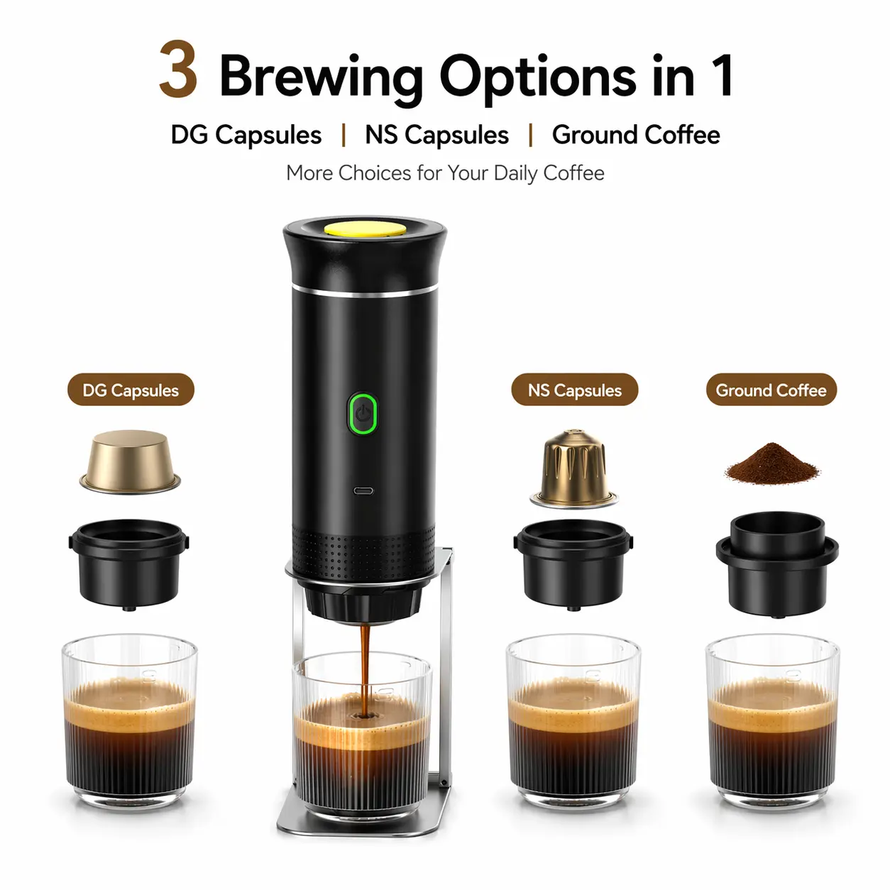 20Bar Self-Heating Portable Espresso Maker, USB-C Rechargeable Mini Coffee Machine Compatible with Ground Coffee & Nes/DG Capsules, Battery Powered Travel Brewer for Car, Camping, RV, Office & Outdoor Use