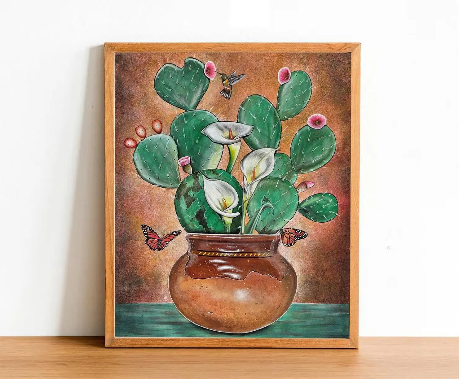 Alcatraces Y Nopal Art Print unframed , Mexican wall art, Mexican art, latin art, Mexican kitchen decor, mexican decor, mexican gifts, Calla Lily art