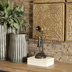 Telephone Black Metal Vintage Style Faux Phone Decorative Sculpture with Tiered Base and Fake Coil Wire