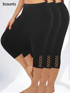 【Plus Size】 High Waist Stretchy Women's Capri Leggings, Tight-Fit Design, All-Season Comfortable Casual Daily Wear, Plus Size Womenswear