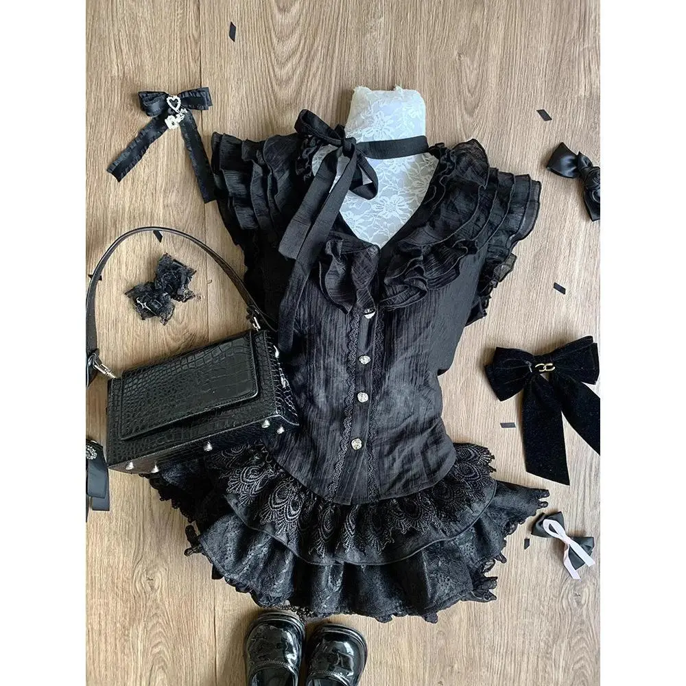 Gothic Vintage Preppy Style 2 Piece Set Women Sweet Bow Knitted Cardigan Ruffles Plaid Mini Skirt Fashion Lolita Outfits New