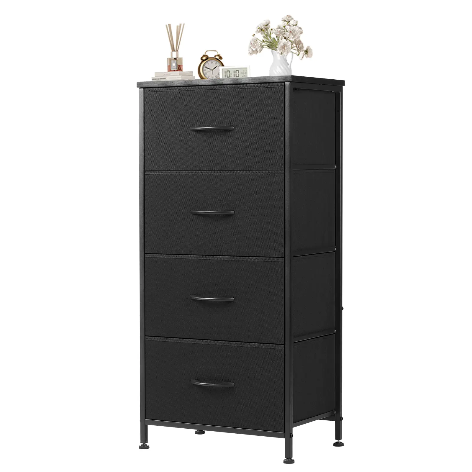 SweetDreamy House Dresser for Bedroom, 4 Storage Drawers, Tall Fabric Closet Chests Organizer Tower Furniture with Wooden Top Metal Frame for Clothes,