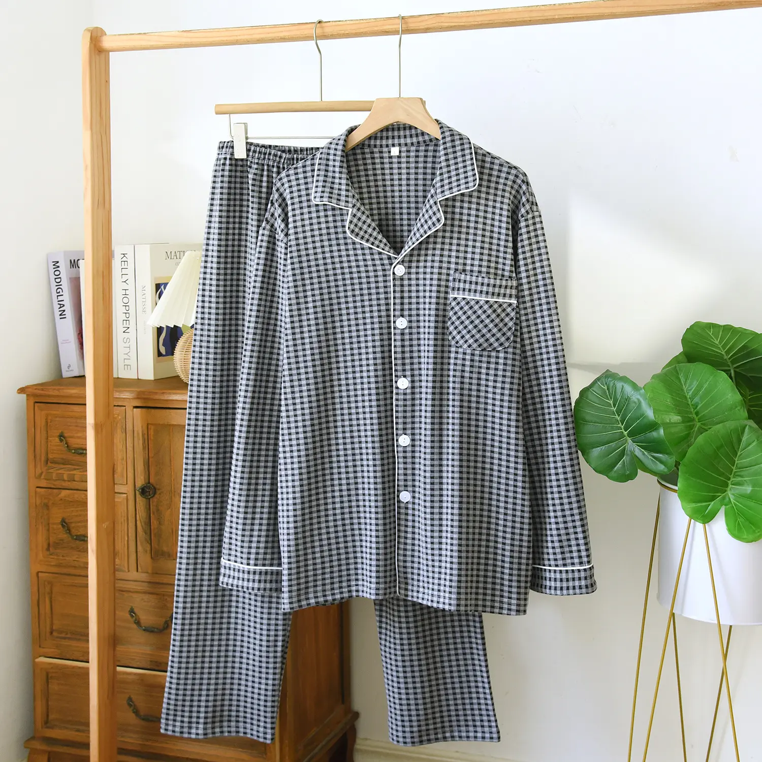 De Rong Men's Set   Chocolate Grey Grid