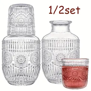 Glass Bedside Pitcher and Cup Set - Leaf Pattern Pitcher with Lidded Glass Cups, Drinking Cup, Durable Transparent Glass Suitable for Bedroom, Office, Bathroom - Stylish Modern Nightstand Drinkware, Essential for Home Decor, Office Supplies