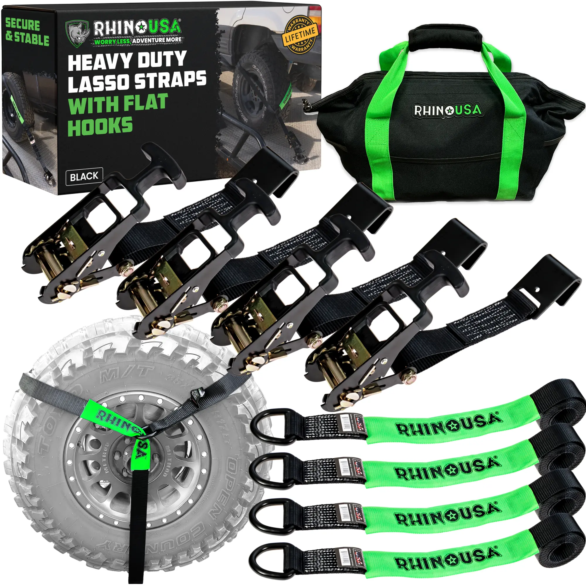 Rhino USA Car Tie Down Straps for Trailers with Flat Hooks (4-Pack) 10,000lb Break Strength Heavy Duty T-Handle Car Hauler Tire Straps