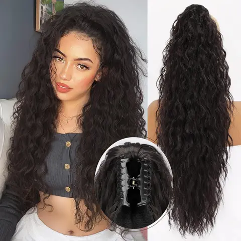 HIUSVO Ponytail Extension Claw 30 Inch Curly Pony Tail Clip in Claw Hair Extensions Fluffy Natural Looking Synthetic Hairpiece for Women
