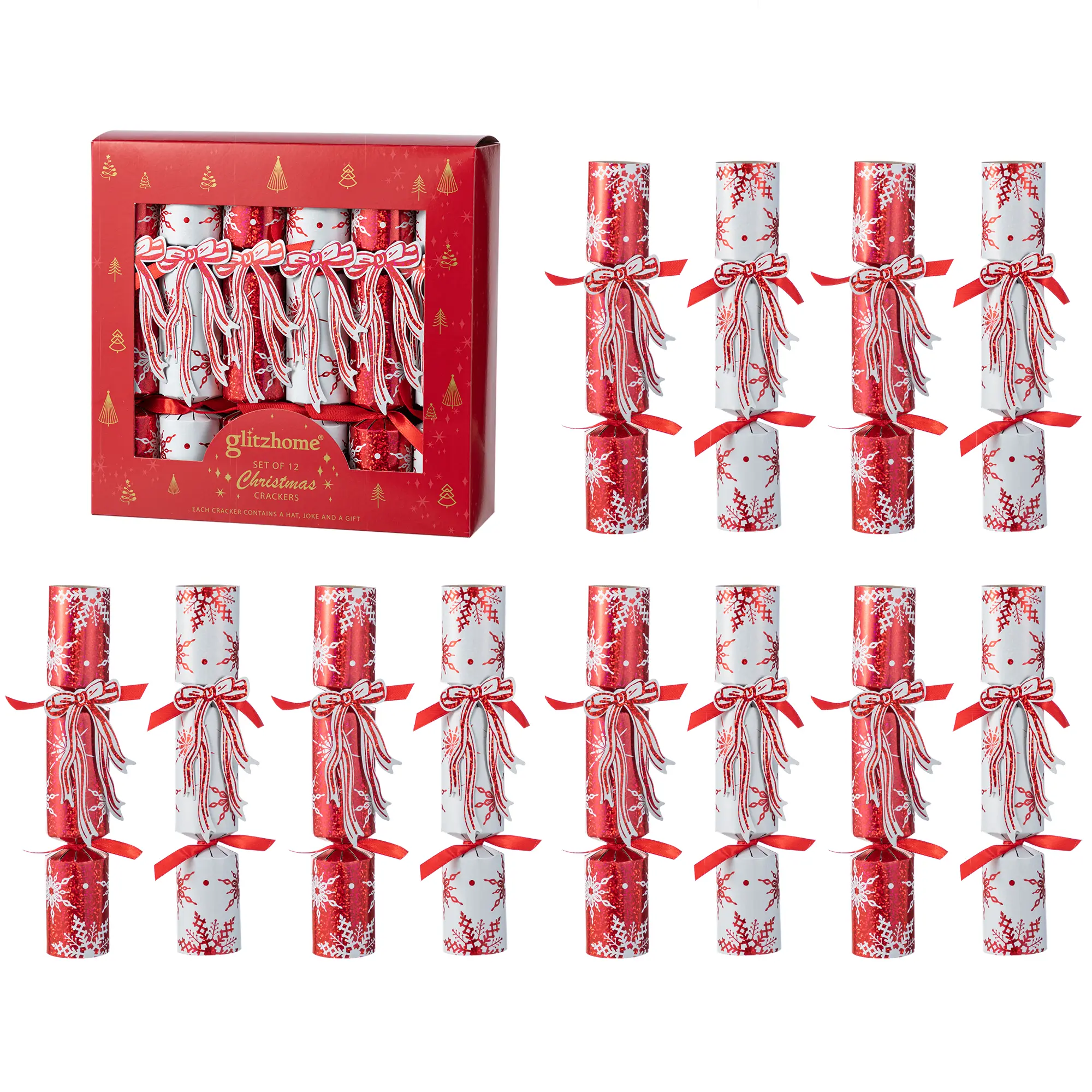 Glitzhome 12PK Cylindrical Party Crackers, 1.25" x 10" Christmas Snowflake with Bow Boxed Set with Gift Contents