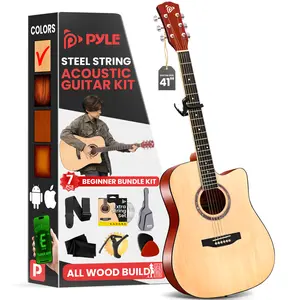 Pyle Full Size Acoustic Guitar Kit Steel String Dreadnought Cutaway with Okoume Neck Upgraded Gig Bag Capo 41" Glossy Natural Finish