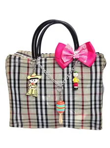 Nail Extravaganza Women's Handcrafted Beige Striped Synthetic Handbag Sling Bag #5 - Red Bow, Cute Keychains, Elegant Design for Everyday Use & Special Occasions