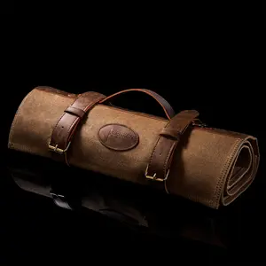 Leather Oil-Waxed Chef Knife Roll Bag with Shoulder Strap - 12 Knife Slots + 2 Zipper Pockets for 14 Total Slots