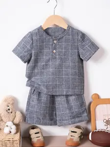 Two-Piece Set Toddler Boy's Plaid Print Short Sleeve Tee & Elastic Waist Shorts, Casual Round Neck T-shirt & Shorts, Kids Summer Clothes, Toddler Outfit