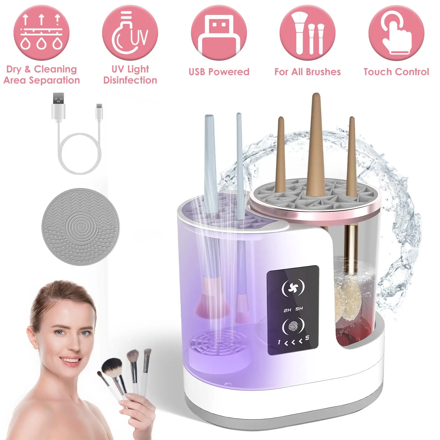 4 In 1 Electric Makeup Brush Cleaner USB Powered Automatic Brush Blender Machine With Timer Digital Display Cleaning Drying UV Disinfectio