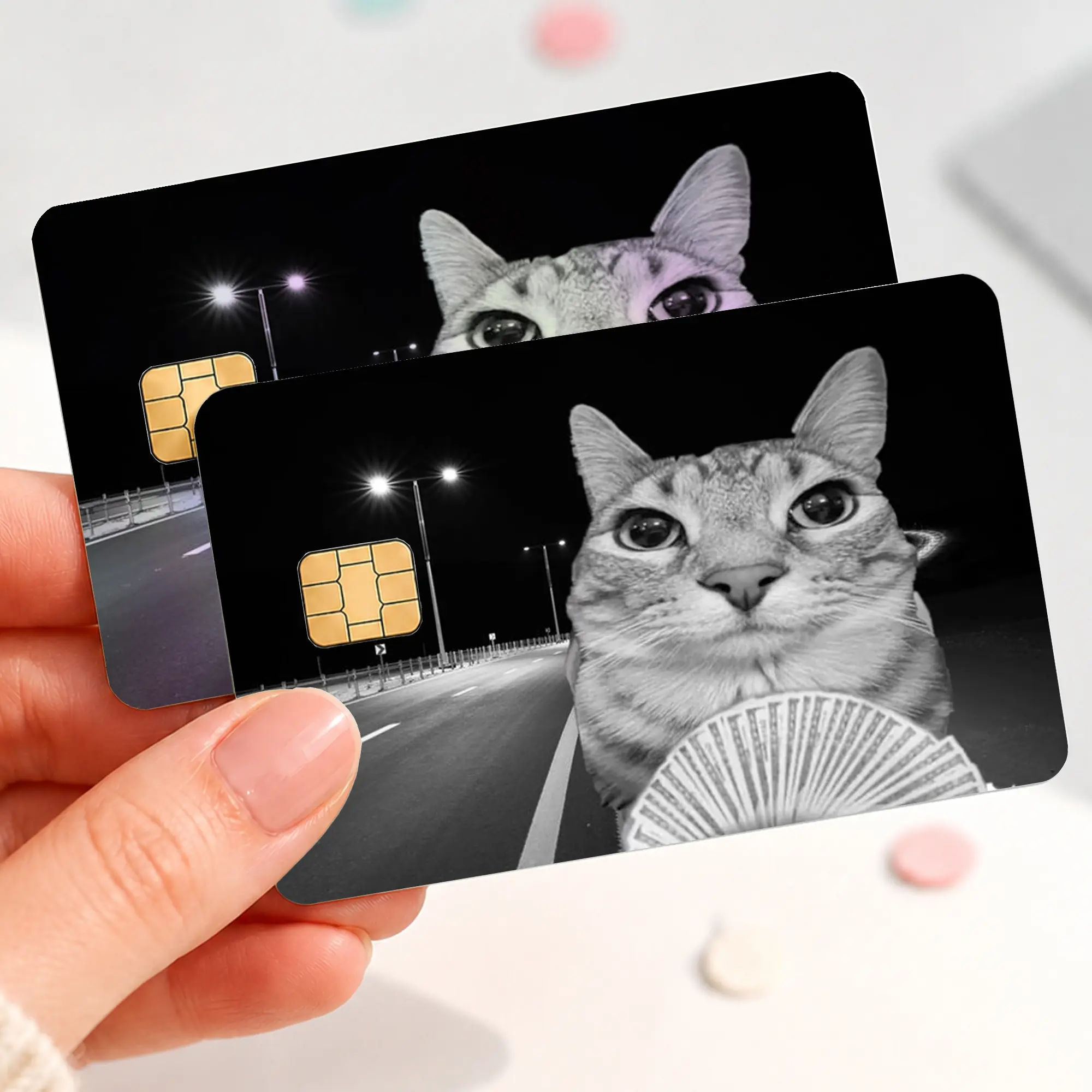 Funny Money Cat Credit Card Skin, Black and White Cat Debit Card Sticker, Cash Fan Meme Bank Card Cover, Night Street Chip Card Decal, Cat Lover Gift