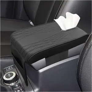 Leather Car Center Console Cover, Memory Cotton Car Armrest Cushion with Tissue Holder and Pocket, Waterproof Elbow Rest Box Cover, Auto Center Console Organizer Protector Accessories (Black)