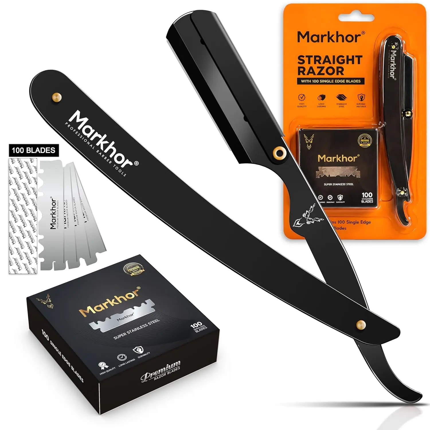 Markhor® Straight Razors for Men with 100 Single Edge Razor Blades | Matte Black Barber Straight Razor | Straight Edge Razor | Barber Razor Blade | Navajas Para Barbero