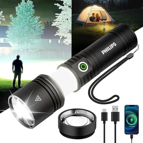 Philips Rechargeable LED Flashlight with Ignition Lens, High Lumens Flashlight, Five Modes, Outdoor Camping Emergency Flashlight - Black#Summervibes