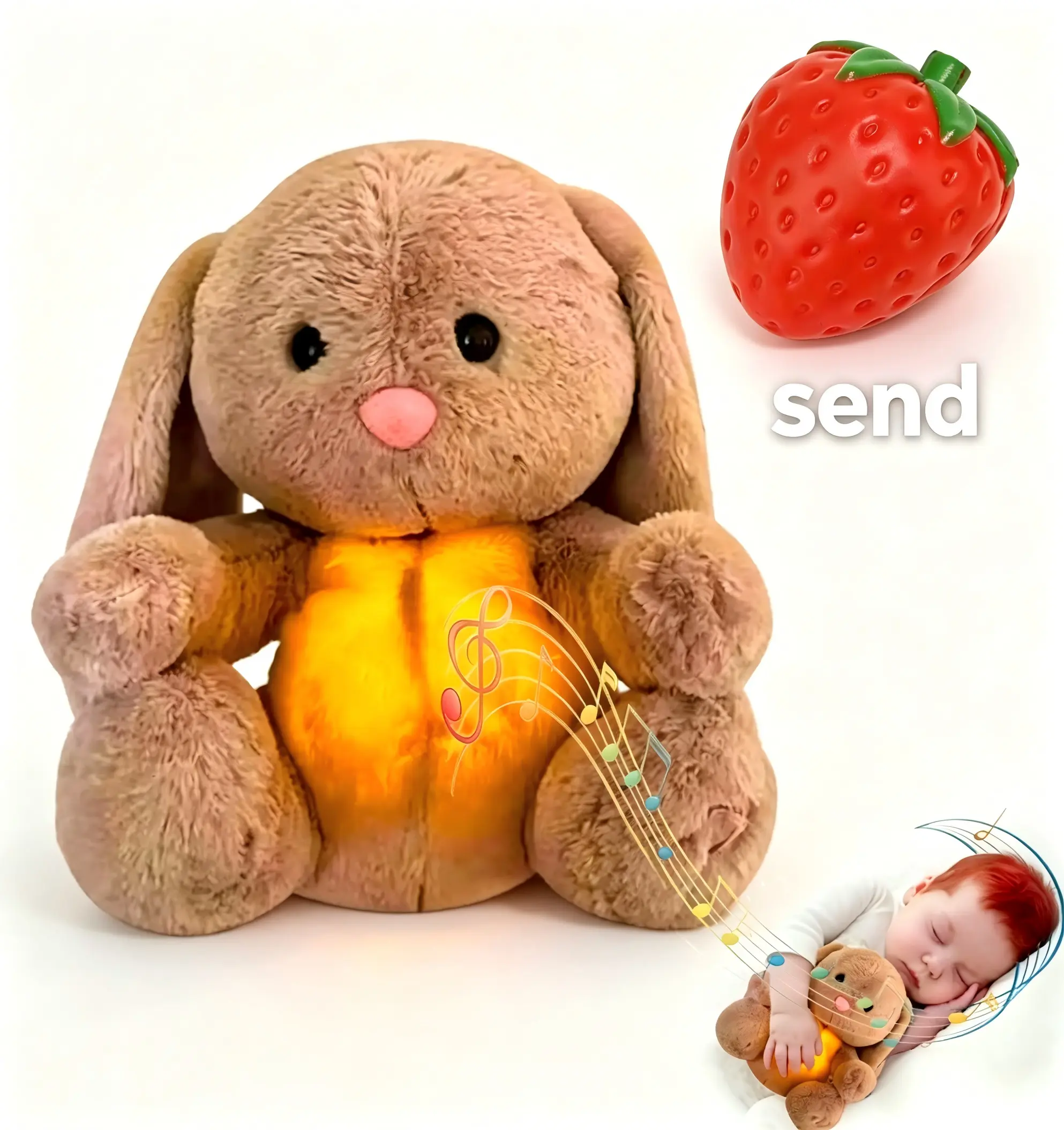 [Sending strawberries]Cute, Soothing Musical Plush Rabbit Toy – Breathes, Glows, and Makes Sounds to Help Baby Sleep