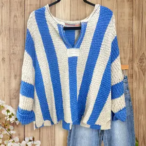 SageVell  Striped Knit Pullover Sweater Blue and White Loose Fit V Neck Top Cozy Casual Everyday Knitwear