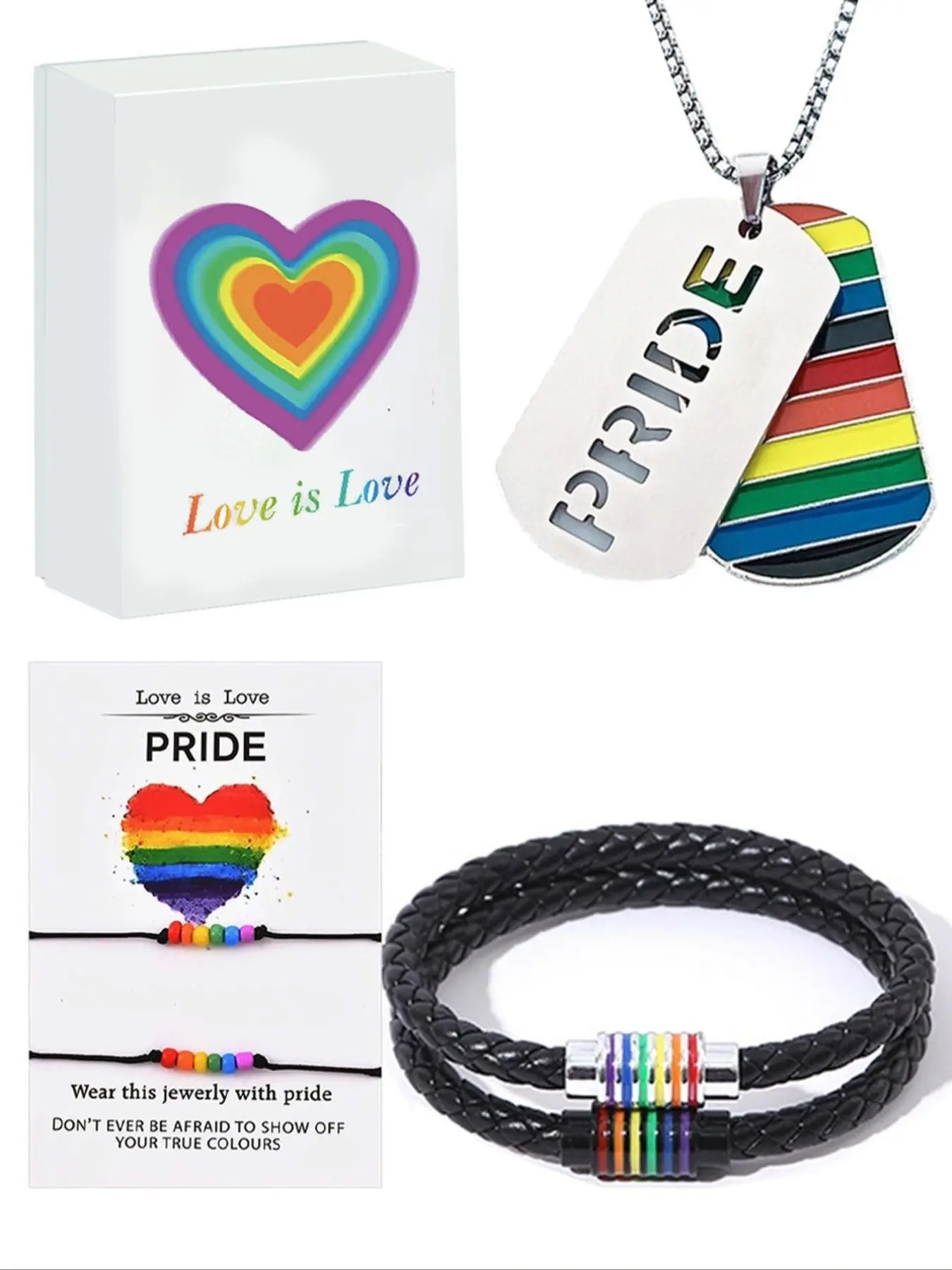 Pride Month Rainbow Jewelry Gift Box: Stainless steel LGBT Pride necklace with double rainbow pendants + leather bracelet with magnetic clasp. "Love is Love" set, perfect commemorative gift for friends & couples during Pride Month.