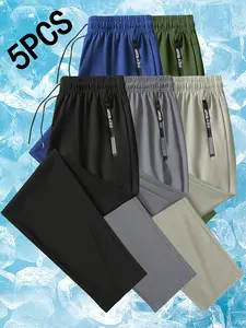 Men’s Ice Silk Casual Pants, 5-Pack — High-Stretch, Breathable, Comfortable Loose Straight-Leg Long Pants with an Adjustable Elastic Waistband, Machine Washable Regular Fit, Suitable for Everyday Casual Wear and Business Outings