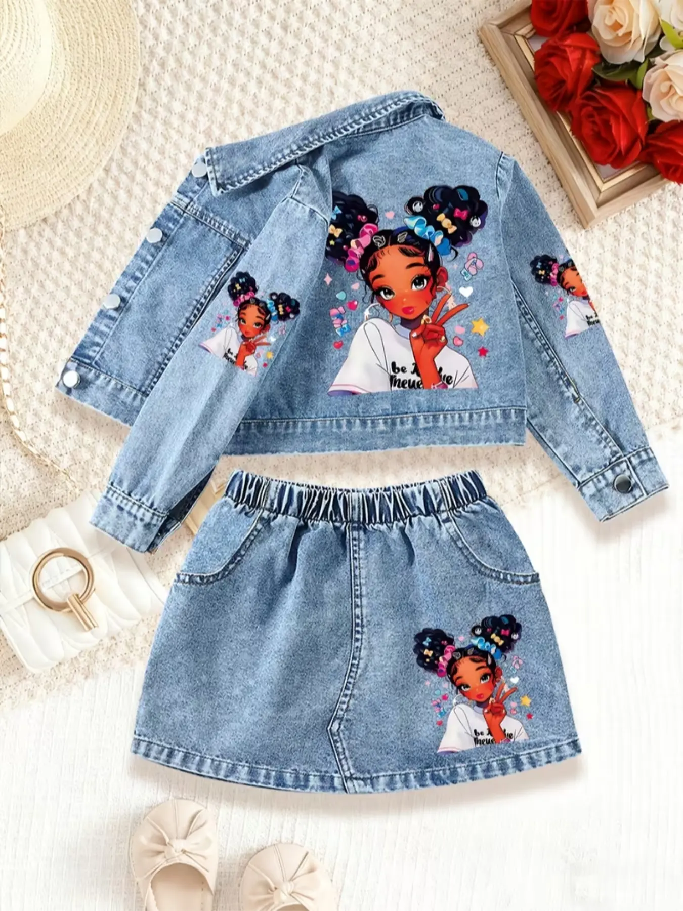 Girls' Denim Jacket and Mini Skirt Set, Cartoon Hand-Drawn Girl and Heart Print Matching Outfit Set, Denim Skirt Sets, Graphic Print Set for Spring and Fall, Dress Up Set