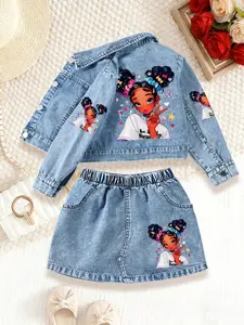 Girls' Denim Jacket & Mini Skirt Set, Cartoon Hand-Drawn Girl Design, Heart Patterns, Casual Spring & Fall, Denim Skirt Sets
