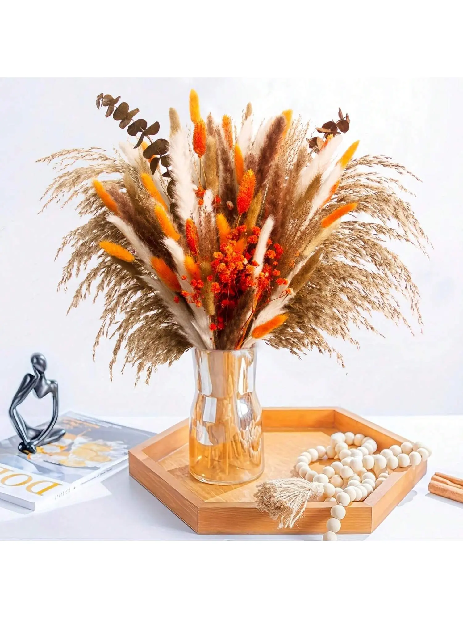 120pcs Dried Pampas Grass Bouquet, 17" Fall Boho Decorative Flowers with Orange Bunny Tails, White Pampas, Baby’s Breath, Reed Grass & Eucalyptus for Farmhouse Rustic Wedding Centerpieces, Home Entryway Table Floral Gift