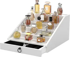 Wooden Cologne Organizer for Men 4 Tier Stand Shelf with Velvet Lined Drawer Hidden Storage Perfume Display Holder Classy Black Gift Leather Watch