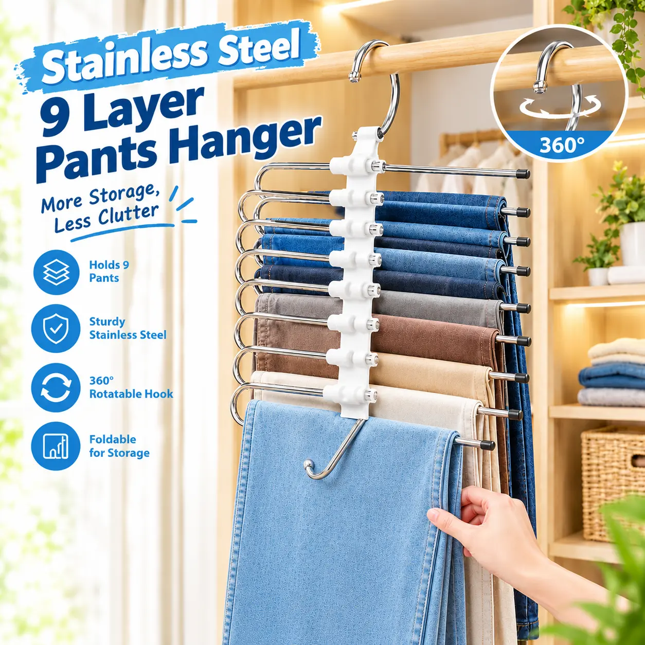 Stainless Steel 5/9-Tier Adjustable Hanging Pant Hanger with Plastic Hook, Space-Saving Closet Organizer Pack for Jeans, Trousers, Multi-Layer Rack for Closet Storage