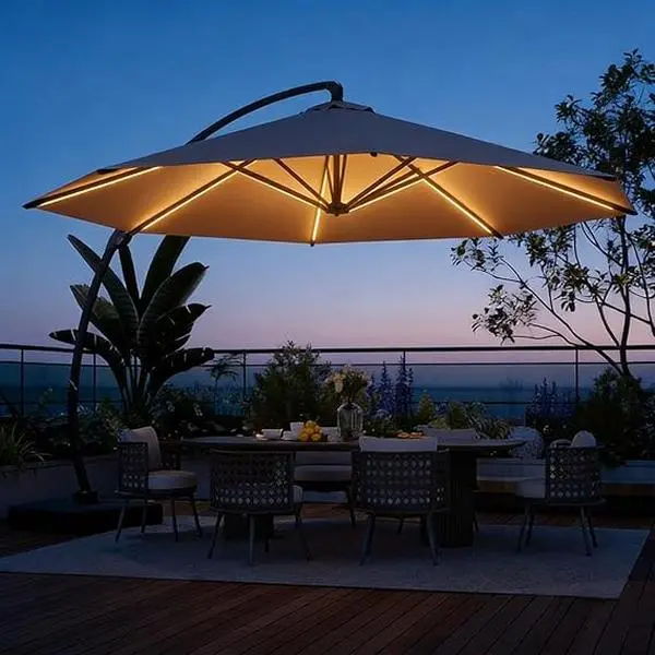Aoxun 11 FT Offset Cantilever Patio Umbrella with Base, LED Strip Lights, 360° Rotation, Windproof Heavy-Duty Aluminum Outdoor Umbrella for Pool, Garden,summerwins,outdoorfurnitureset, Led Light Strips, 11Ft Full Cover