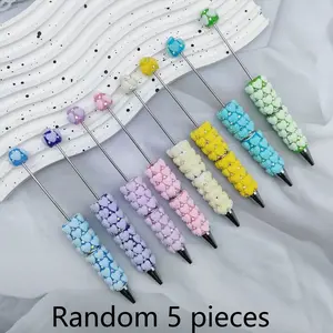5pcs Heart Design Full Coverage High Aesthetic DIY Beaded Pens, Pearl-Inserting Round Ballpoint Pens, Beautiful Writing Tool Set