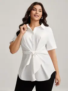 【Summer Turn-Up】【Essential】BlOOMCHIC Plus Size Knotted Front Asymmetrical Hem Blouse - Fitted Short Sleeve Shirt with Button Detail for Women's Summer Wear Shortsleeve [M-6X] 2026 Summer Pick for Mother's Day