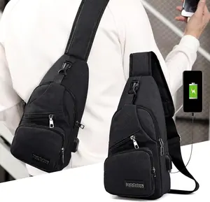 Men's Dark Oxford Cloth Sling Chest Pouch - Casual Waist Bag, Crossbody Bag, Men's Accessories, USB Port, Headphone Jack, Adjustable Strap, Waterproof, Hands-Free Wallet, Suitable for Everyday Use (Black/Blue)