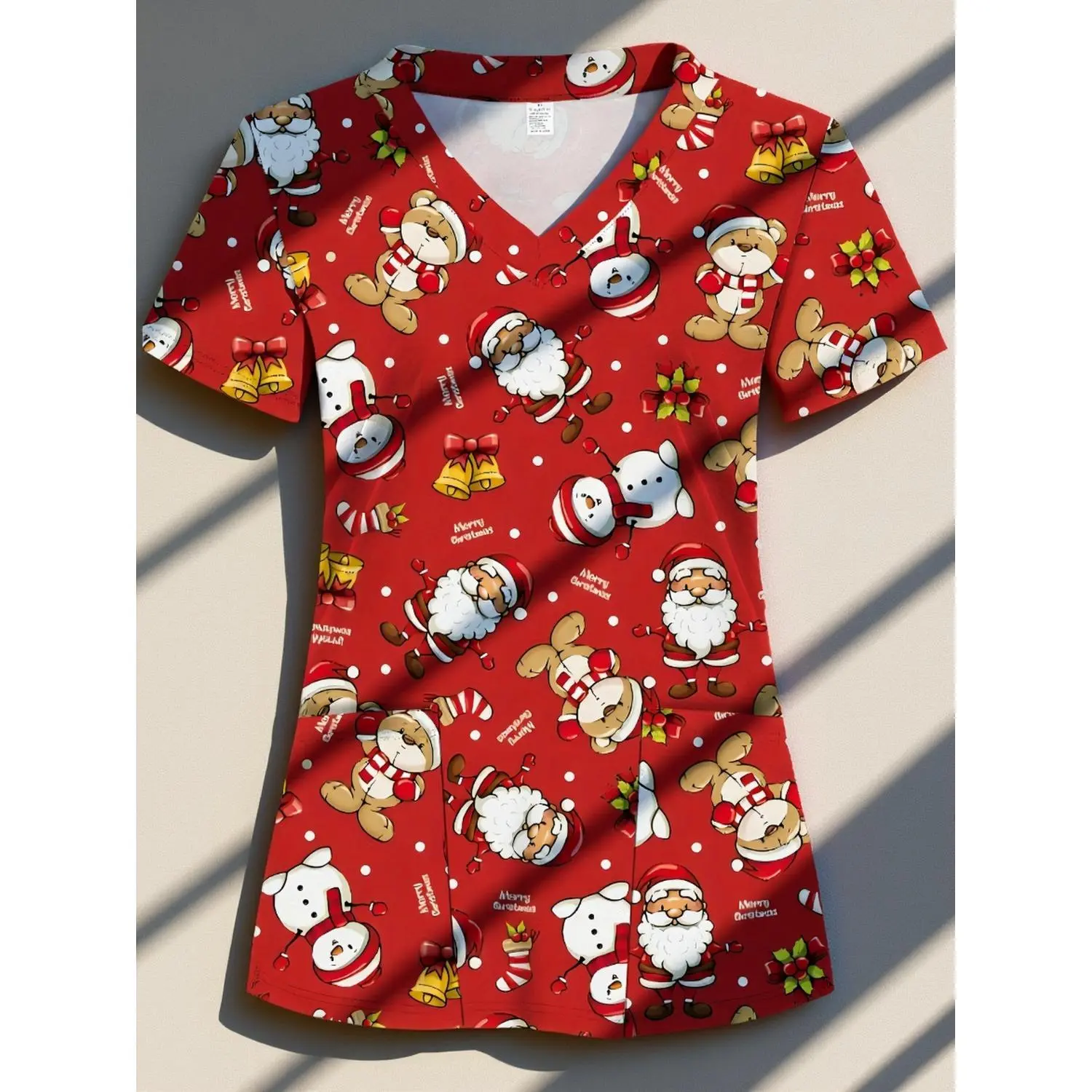 Festive Red Santa Claus & Snowman Print Women's Scrub Top with Two Pockets - Comfortable, Soft, and Breathable T-Shirt for Healthcare Professionals