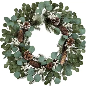 Christmas Front Door Wreaths, 24 Inch Large Christmas Outdoor Wreaths with Pine Cones Eucalyptus Leaves for Xmas Winter Holiday Farmhouse Home Wall Hanging Decor