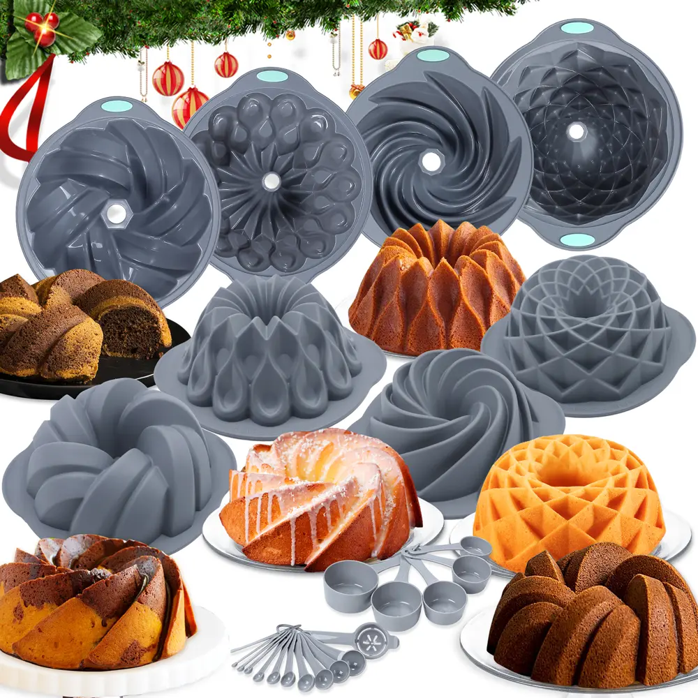 21 Pieces ，Silicone Fluted Cake Pan Set Non-Toxic Baking Molds for Festive Cakes and Pastries，Oven Baking Pans, Silicone Molds for Homemade Cake, Bread and Jello, Grey，Can be made into birthday cakes, Christmas cakes, Mother's Day Gifts，SummerVibes
