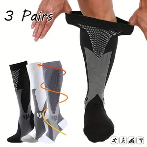 [Compression Socks] 3 Pairs Knee-High Compression Socks for Men & Women - Supportive Nylon Blend for Running, Hiking, Cycling & Marathon - Breathable Mesh Design, Ideal Gift for Parents & Friends, Knee High Socks