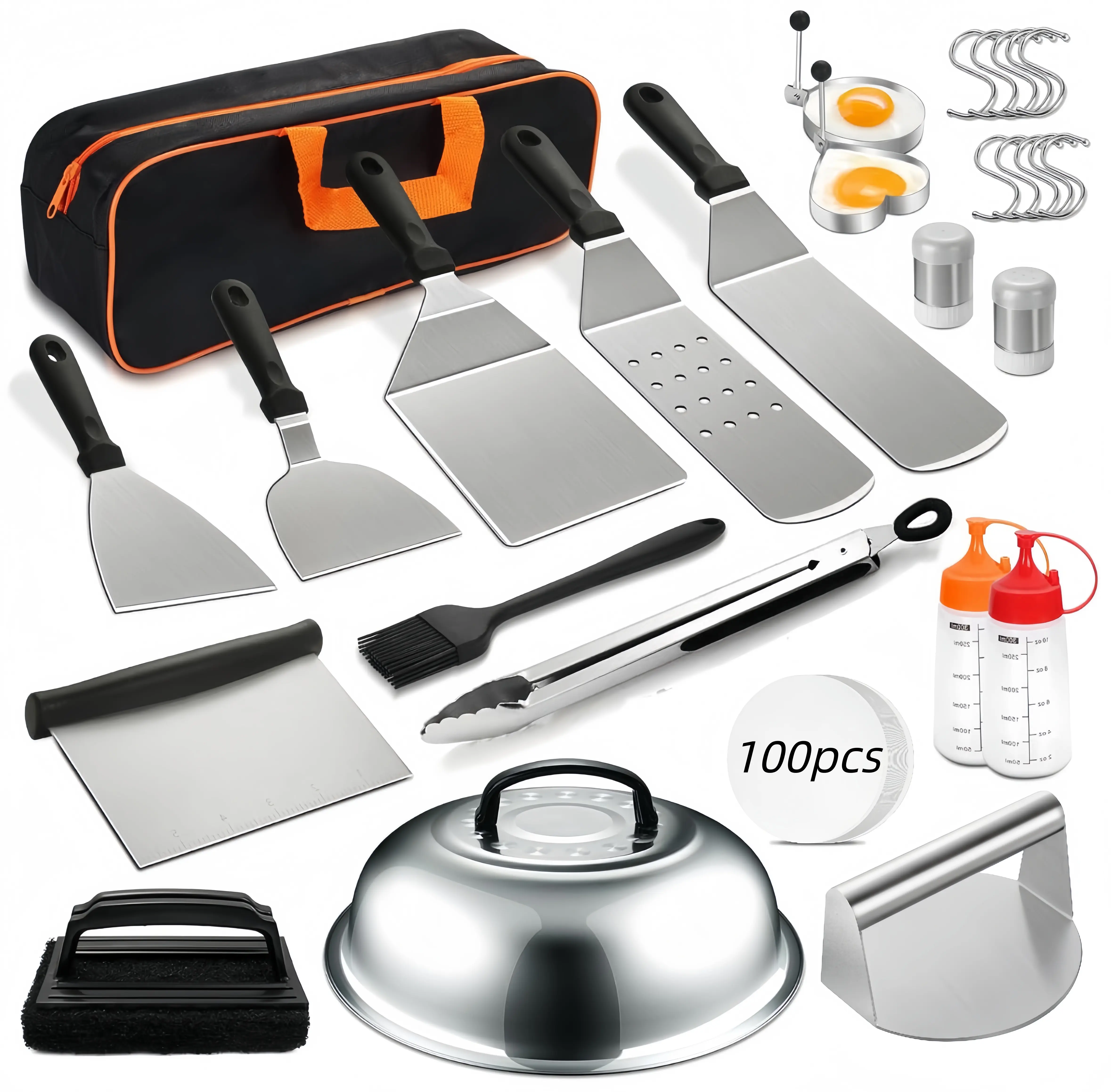 128-piece frying pan accessory set compatible with flat barbecue grills and similar accessories; includes a barbecue spatula set with enlarged spatulas, a basting brush/spreading lid, an outdoor barbecue scraper, and other grilling tools.