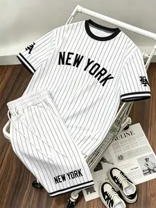 Men's American Vintage Baseball Style Casual Set, Comfortable Breathable Striped T-Shirt + Drawstring Shorts, New York Letter Print Outfit