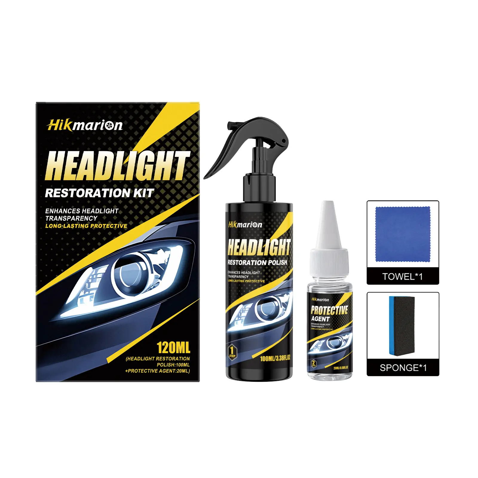 Hikmarion Car Headlight Cleaning Kit Set - Polymer Blend Formula, Removes Haze, Fixes Yellowish/Blurry Lighting, Protects Surface, Delivers Clean Finish