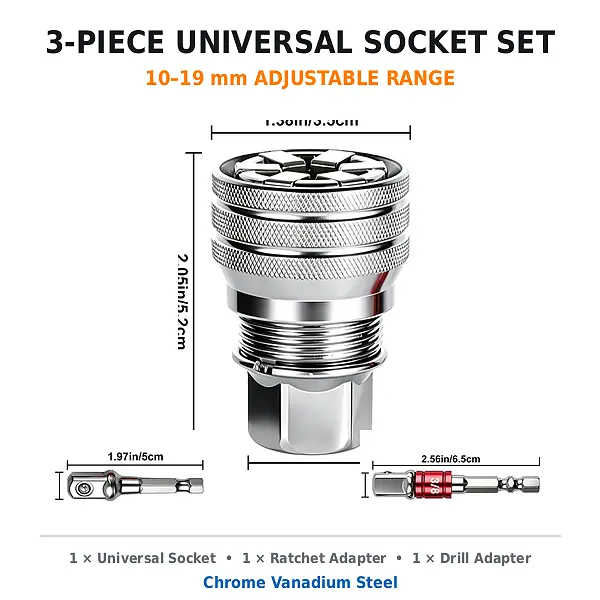 3-in-1 Adjustable Chrome Steel Socket Wrench Kit - 10-19mm/3/8-3/4in Hex/Square Multi-Size Tool with 2 Adapted Adapters for Ratchet Wrenches, Power Drills - Compact Fastener for Auto Repair, DIY Users